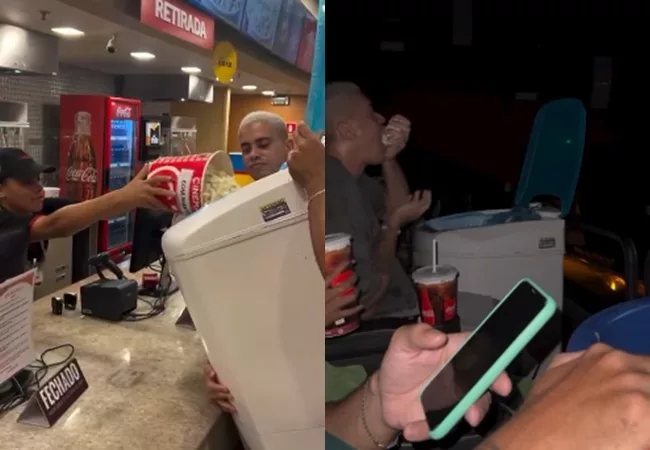  VÍDEO: Influenciador baiano leva tanquinho de lavar roupas para cinema e viraliza ao usar como recipiente de pipoca